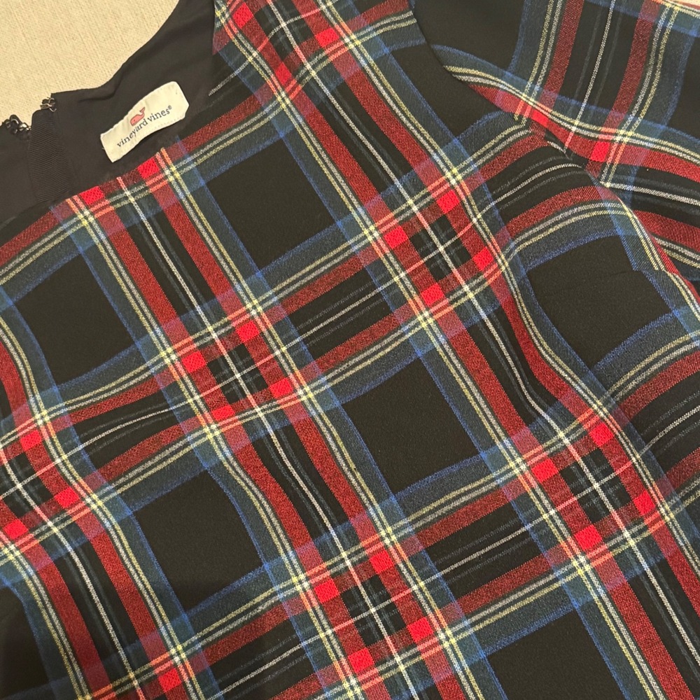 Vineyard Vines Tartan Plaid Ruffle Bell Sleeve Shift Dress Black Red Blue
